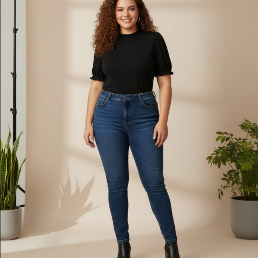 Black Plus Size 3X Short Sleeve High Neck Ruffle Hem Bodysuit By Polly & Esther